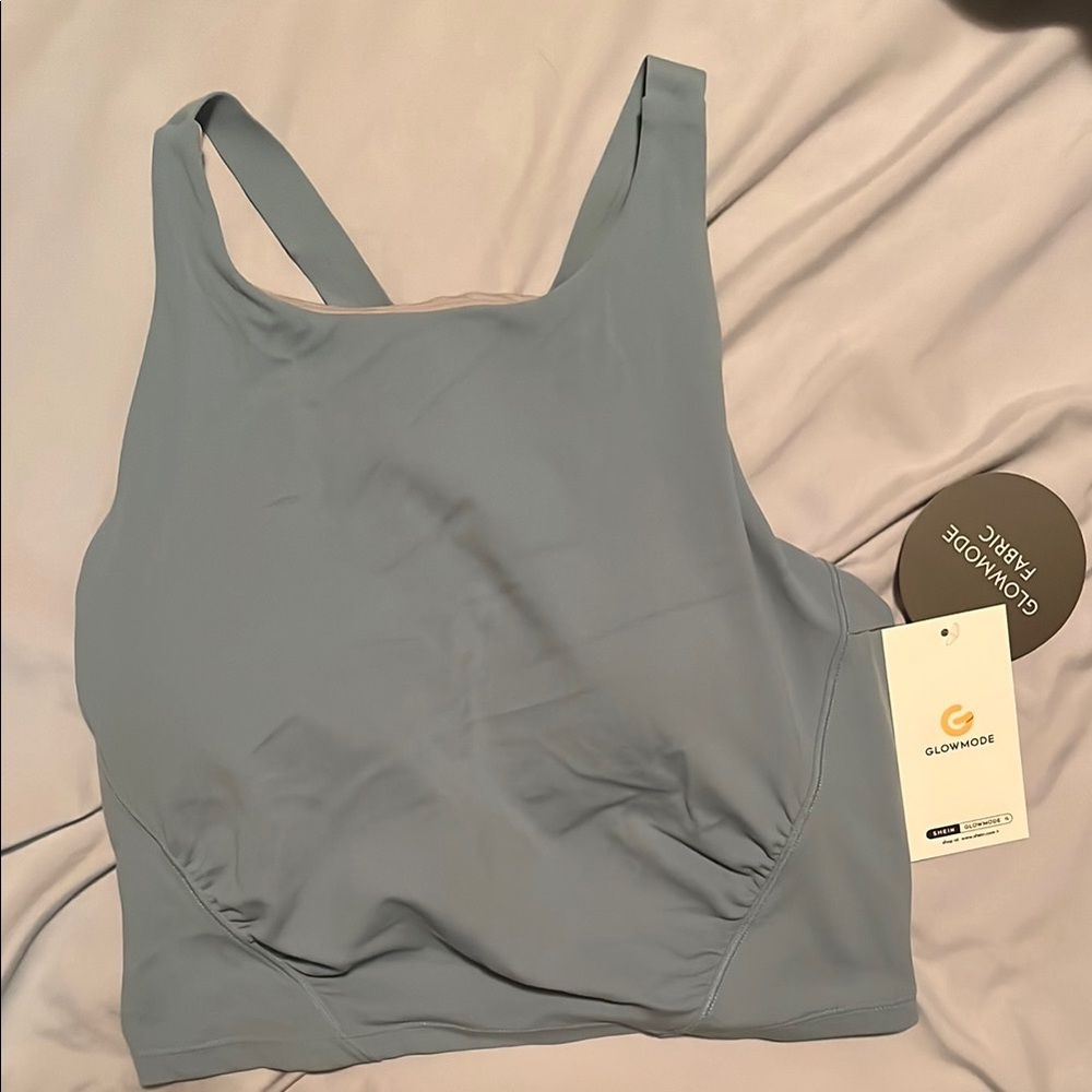 Glow Mode Blue Sports Bra with Wide Straps and Square Neckline
